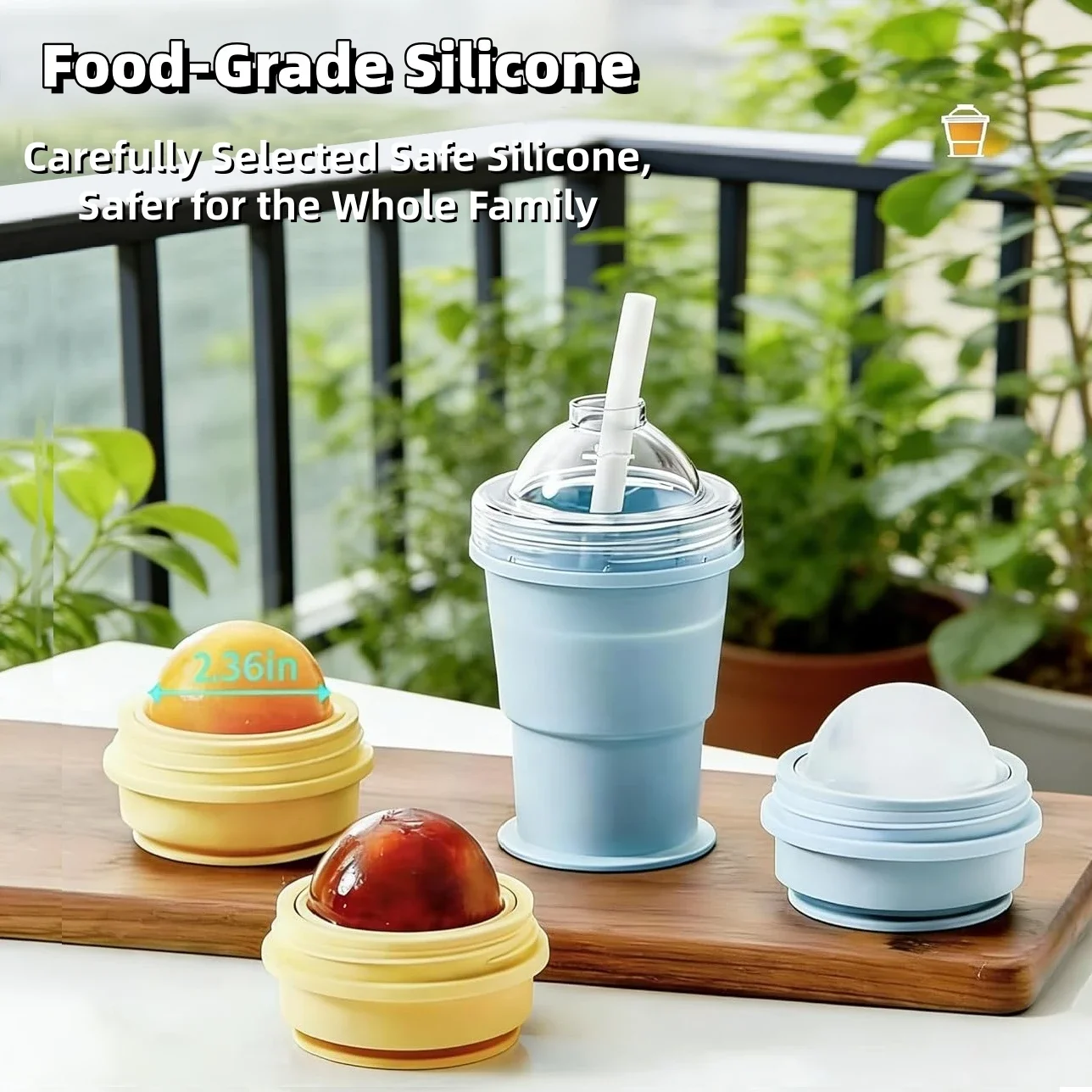 2-in-1 Silicone Foldable Ice Ball Maker Cup Reusable Portable Collapsible Ice Sphere Mold with Straw Lid for Coffee Juice Drinks