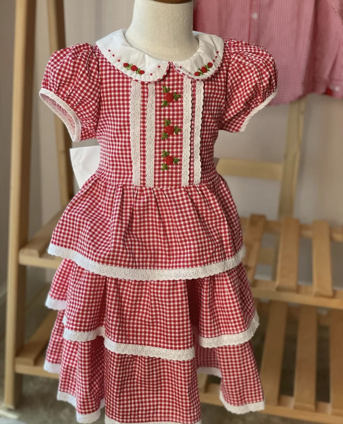 0-12Y Baby Girl Summer Flower Handmade Embroidery Red Plaid  Dress for Birthday Photography Holiday Eid Christmas B23