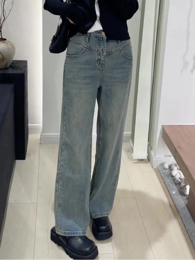 FINEWORDS Vintage Wide Leg Rivet Jeans Women Causal Washed Loose Jeans High Waist Korean Streetwear Denim Pants