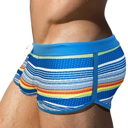 Sexy U Pouch Rainbow Mens Swimming Trunks Summer Side Split Swimwear Nylon Quick Dry Beach Board Shorts Male Sport Bathing Suit