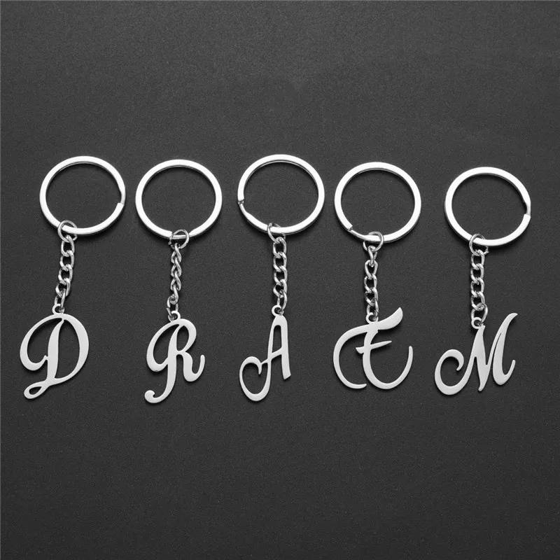 Initial 26 Letter Stainless Steel Metal Keychains for Couple Artistic Alphabet Bag Pendant Charms DIY Accessories Birthday Gift