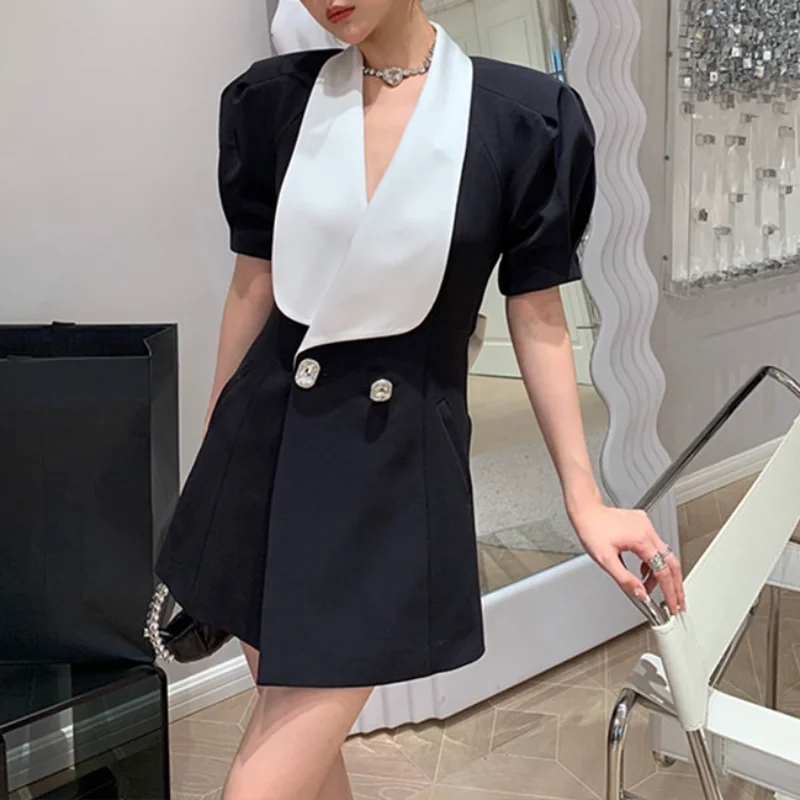 Fashion Lapel Backless Suit Dress Women Summer Contrast Sweet Bow Hollow Birthday Party Fashion Black Short Sleeve Dress Female