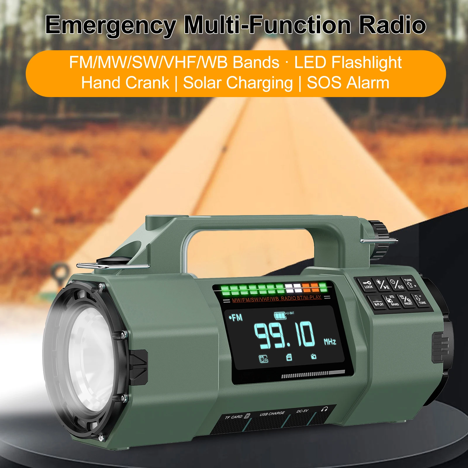 

Аварийное солнечное радио с ручным приводом, многодиапазонный приемник AM/FM/SW/VHF/WB, MP3-плеер с поддержкой TF-карт, светодиодный фонарик, сигнализация SOS для использования на открытом воздухе