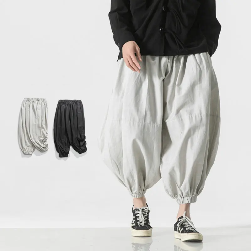 2024 Spring Summer Men Linen Harem Pants Men Breathable Solid Color Wide Leg Pants Male Black Grey Trousers New Streetwear