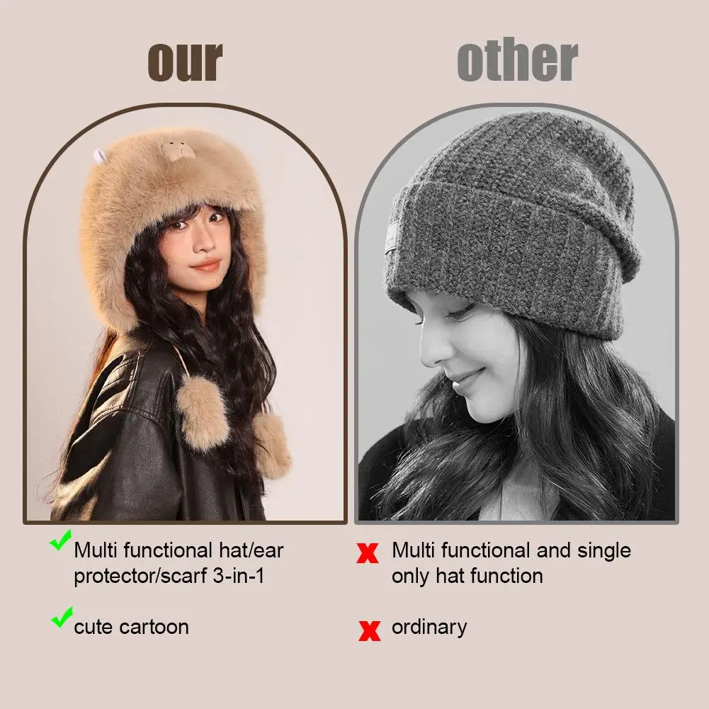 مجموعة قفازات وشاح قبعة كابيبارا 3 في 1 عصرية للنساء، إكسسوارات شتوية لطيفة منفوشة وفراء كرتونية، وشاح بغطاء للرأس دافئ للأذن #2