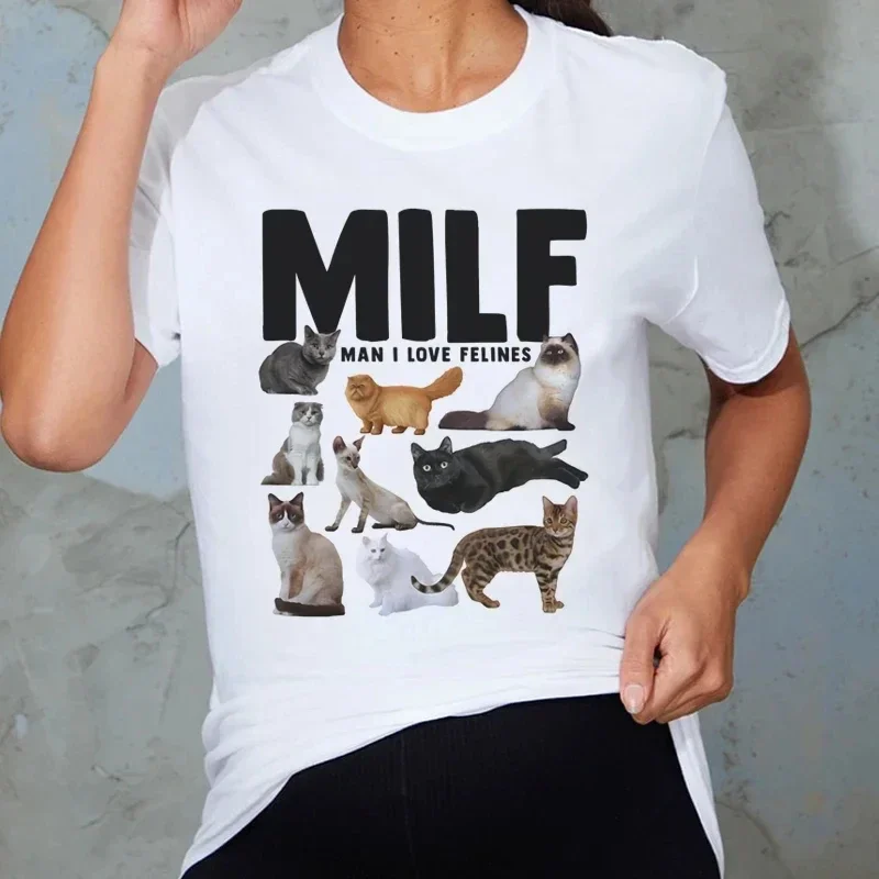 MILF Man I Love Felines Women Funny Meme T-Shirt Casual Short Sleeve Cat Lover Cotton T-Shirt Cat Mom Shirt Cute Graphic Tees