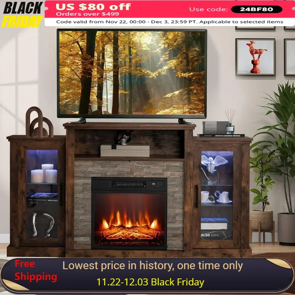 

TV Stand with 16-Color LED Lights & 3-Level Flames Farmhouse TVs Stand with Adjustable Shelves Electric Fireplace TV Console