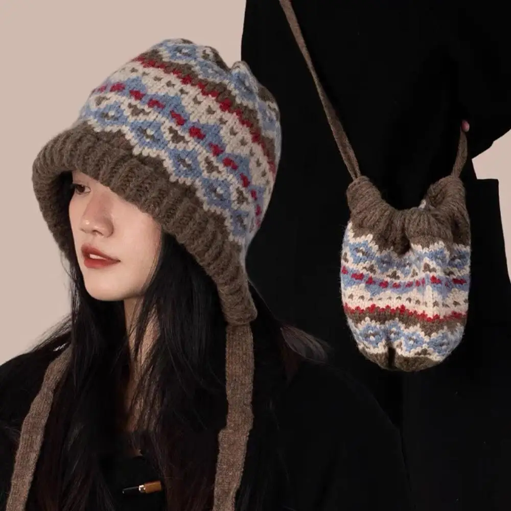 Women Ethnic Style Striped Spliced Knitted Woolen Hat For Winter And Autumn Thickened Warm And Cold Resistant Ear Protection