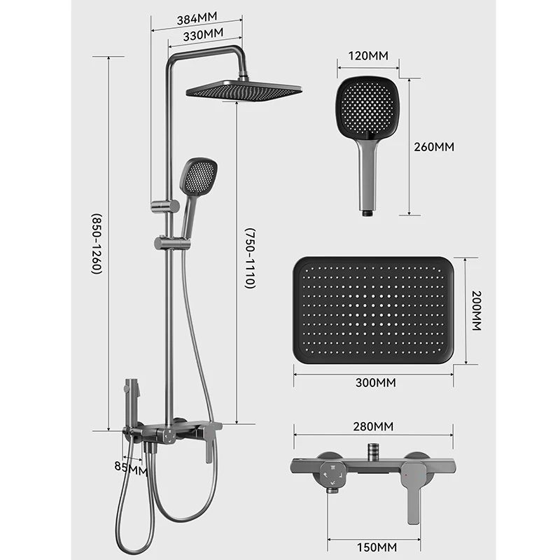 4-Wege-Regenduschsystem-Set Wandmontierte Badezimmer-Duscharmatur Set Grauer Aluminium-Duschmischer mit Handbrause-Set