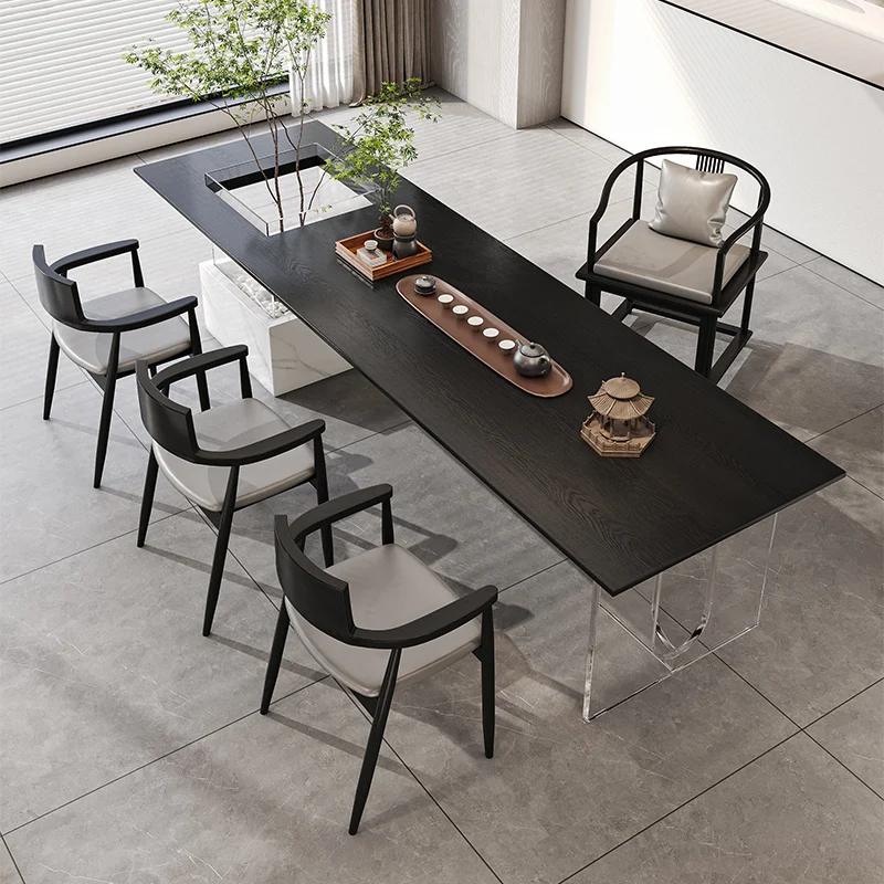 

Wabi Stillwind solid wood large board tea table and chair combination 2024 new hollow acrylic suspension homestay home tea table