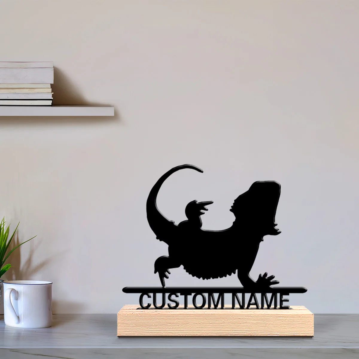 1pc Fashion Personalized Custom Bearded Dragon Metal Statues Literary Desk Decor with Wooden Base, Ideal for Writers, Book Love