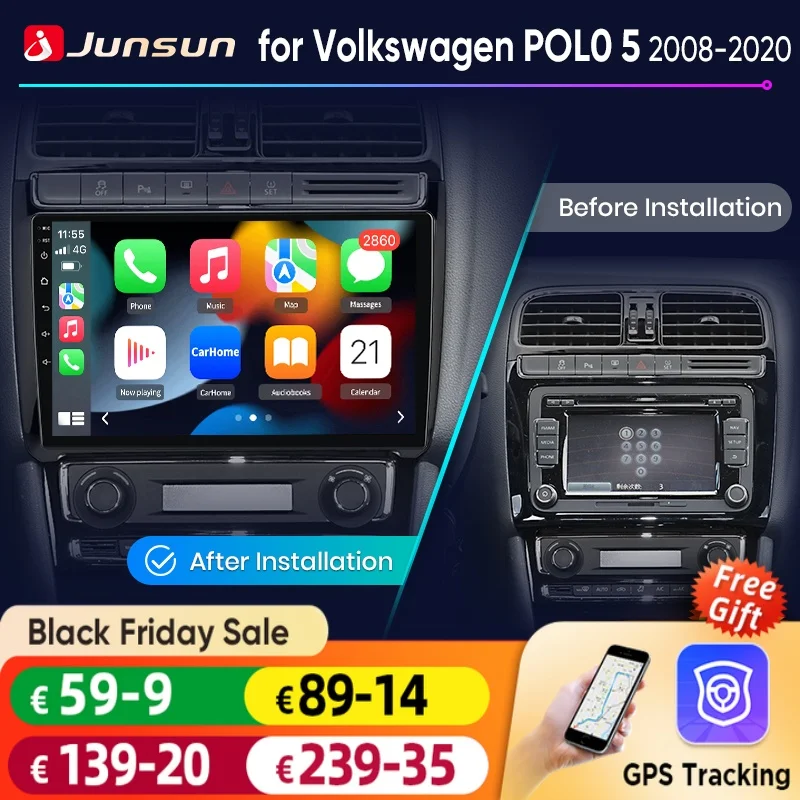 Junsun Wireless CarPlay Android Auto Autoradio per VW Volkswagen POLO 5 berlina 2008- 2020 Sistemi intelligenti Smart GPS Autoradio