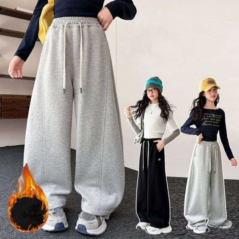 Winter Children Girls Fleece Wide Leg Pants UNITIM 4-14Yrs Teens Girls Srtaight Pants Thicken Warm Plush Junior Girls Sweatpants