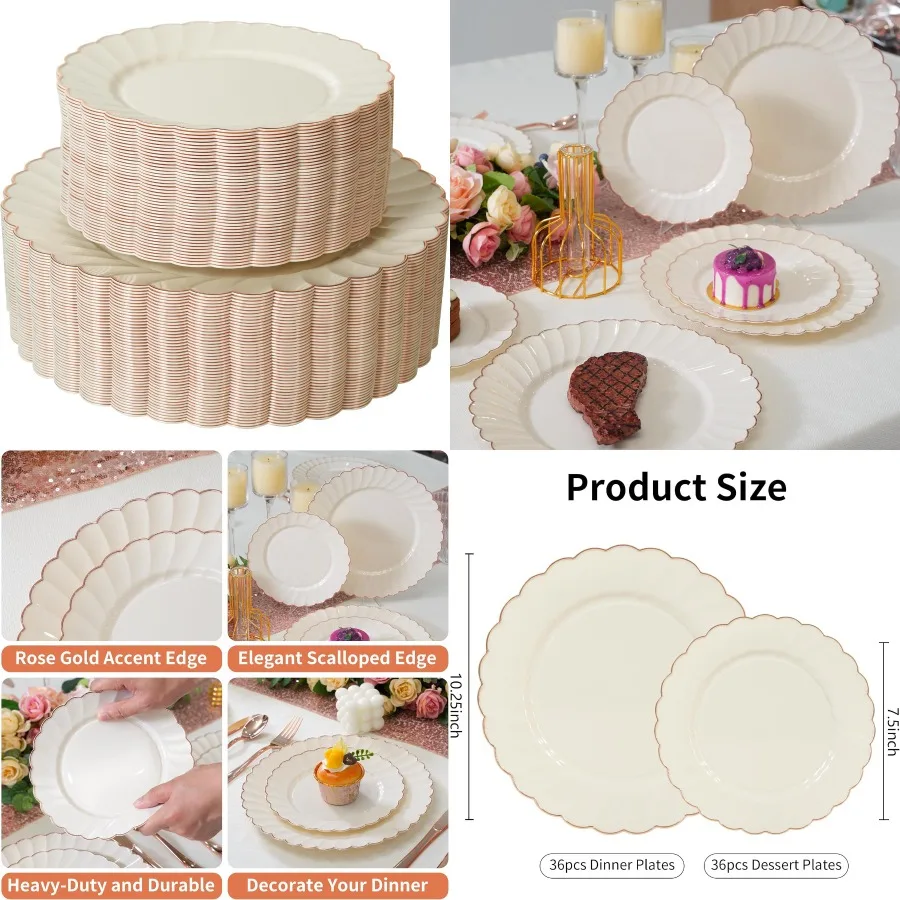 

72PCS Ivory Plastic Plates Set for 36 Guests Heavy Duty Scalloped Disposable Plates with Rose Gold Rim Ideal for Wedding Partie