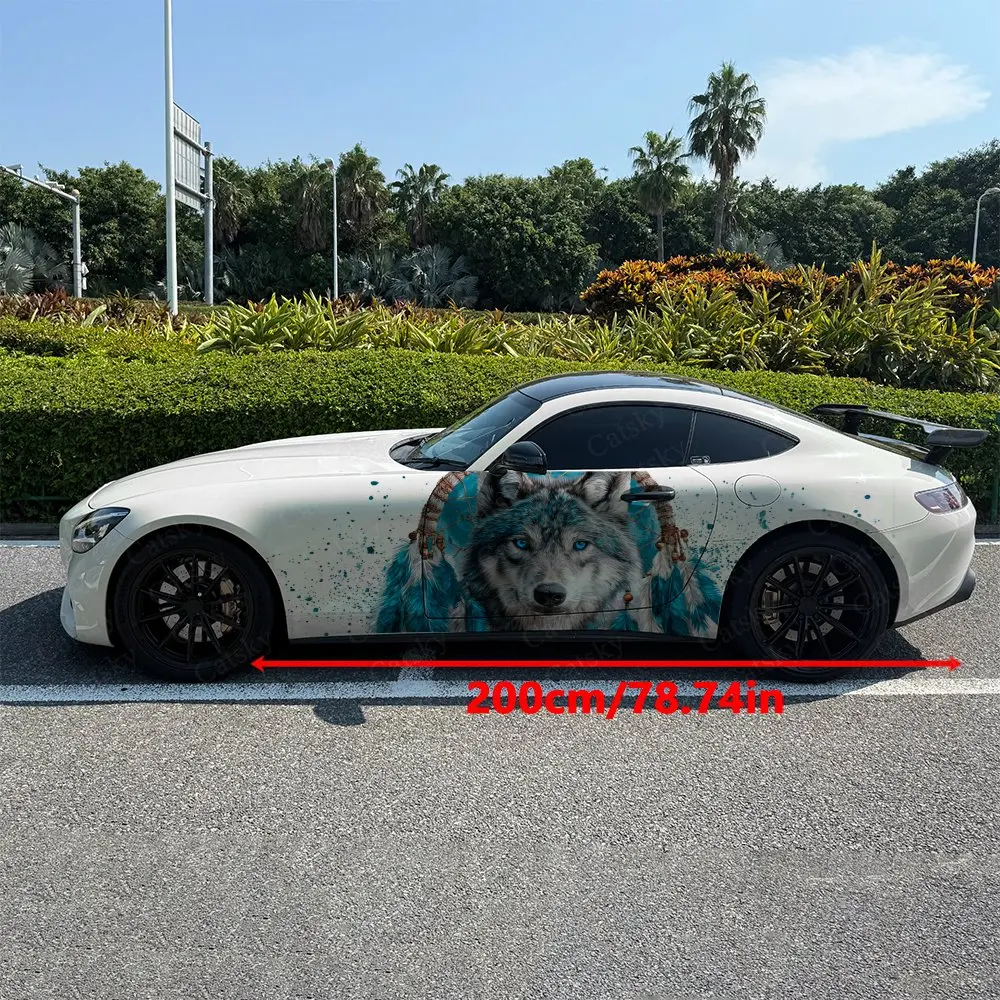 2pcs Wolf With Feather Dreamcatcher Car Side Wraps, Self-Adhesive PVC Waterproof & Scratch-Resistant Sticker, Car Accessory Gift