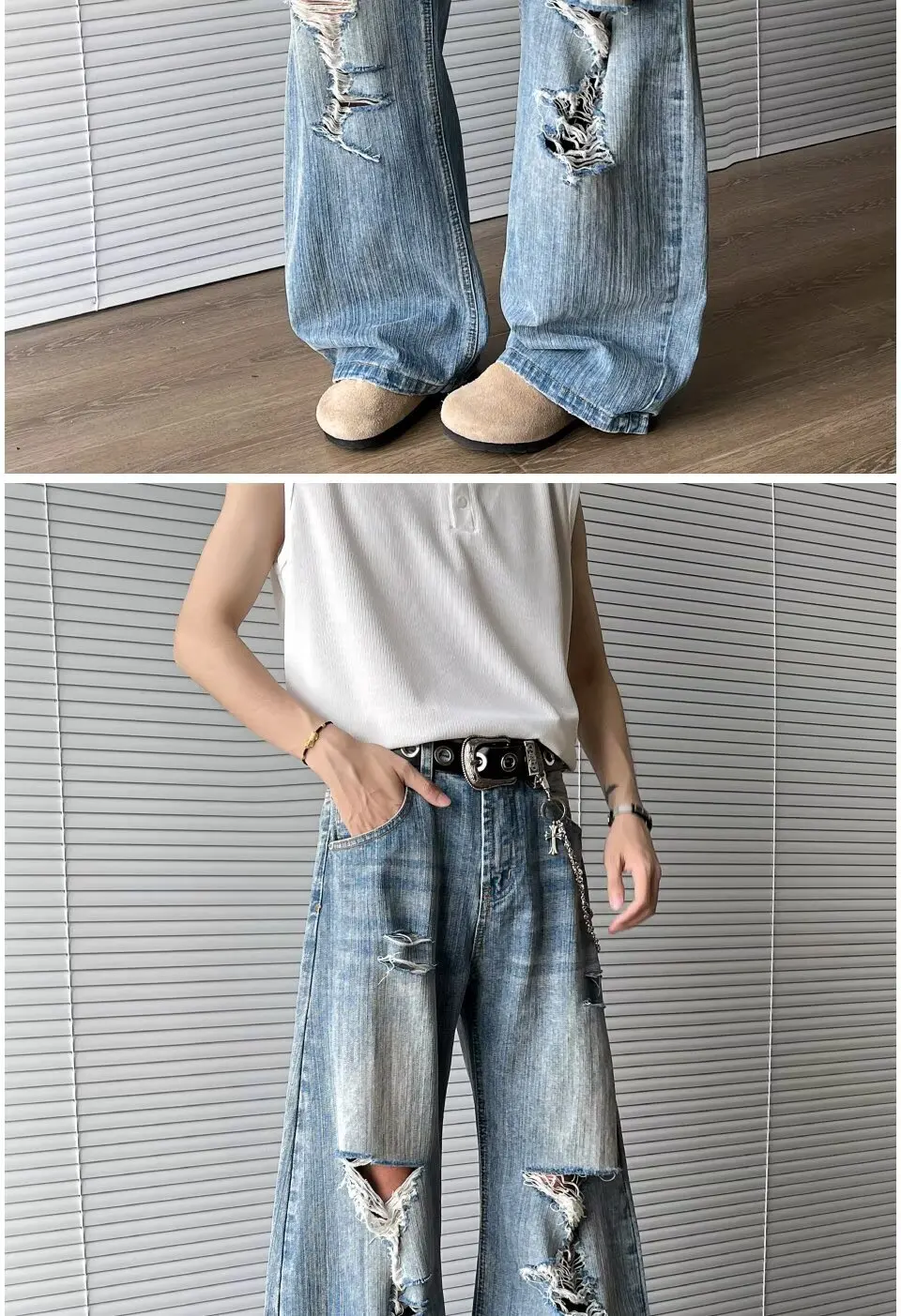 2025 Trashy Y2K Streetwear Washed Blue Baggy Ripped Jeans Hosen für Männer 90er Jahre Vintage Kleidung Straight Distressed Denim Hosen – Detail 10