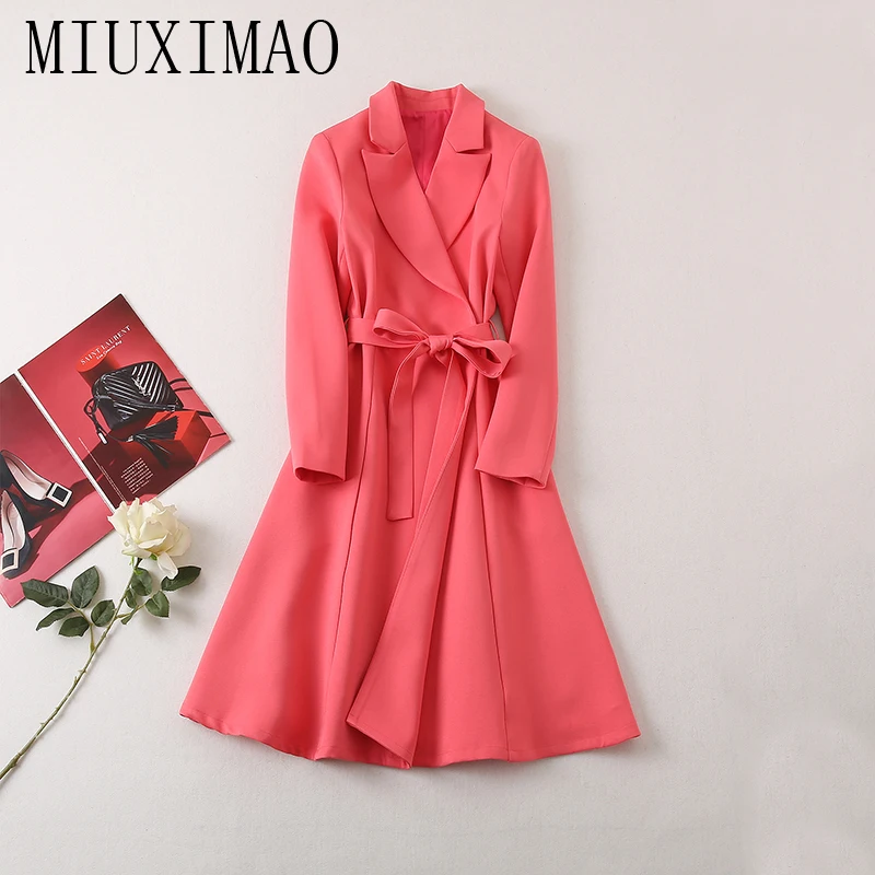 

MIUXIMAO 2022 High Quality Autumn&Winter Elegant Dress Long Sleeve Notched Solid Belt Fashion Knee-Length Dress Women Vestide