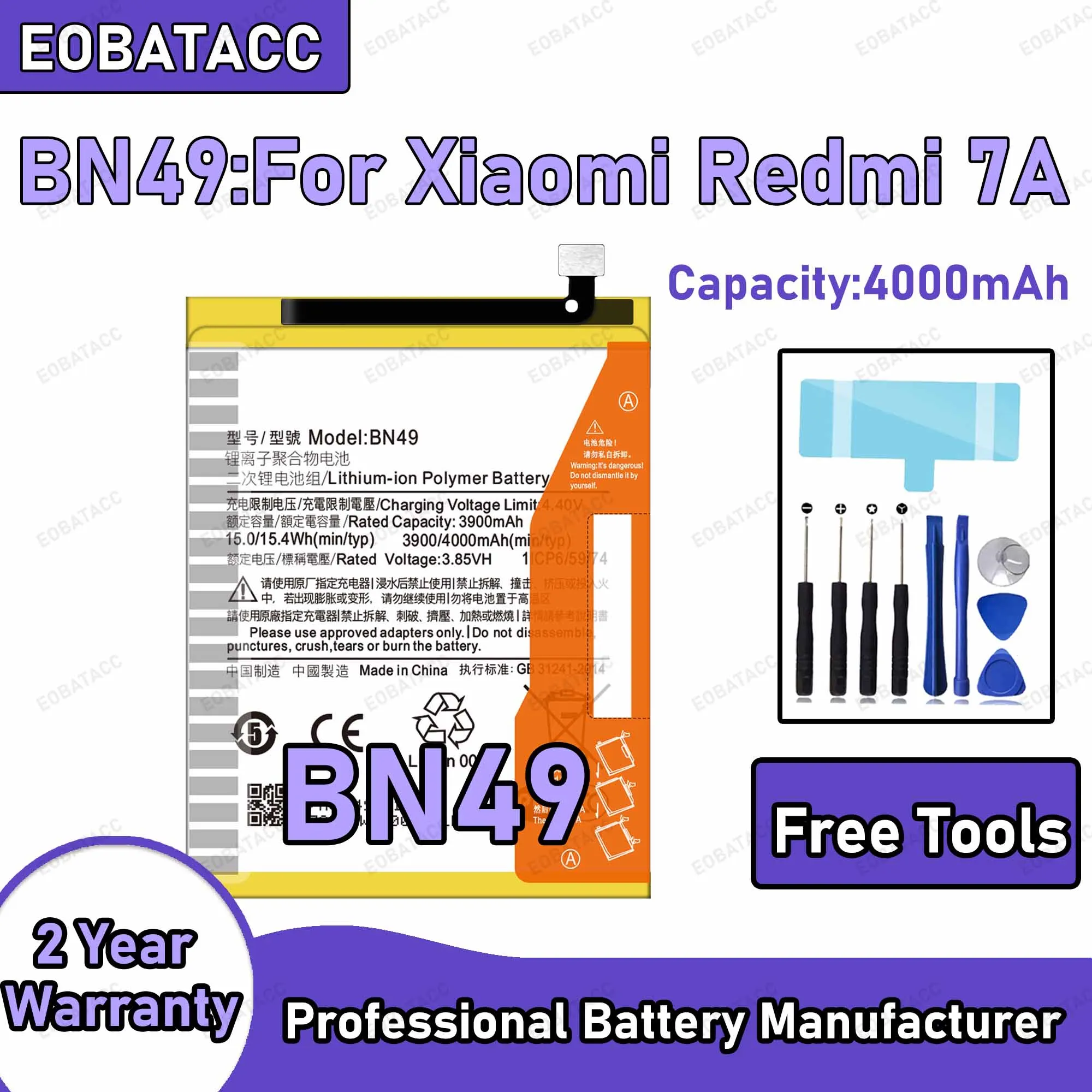 4000mAh BN49 Replacement Battery for Xiaomi Redmi 7A Repair Tools Kit