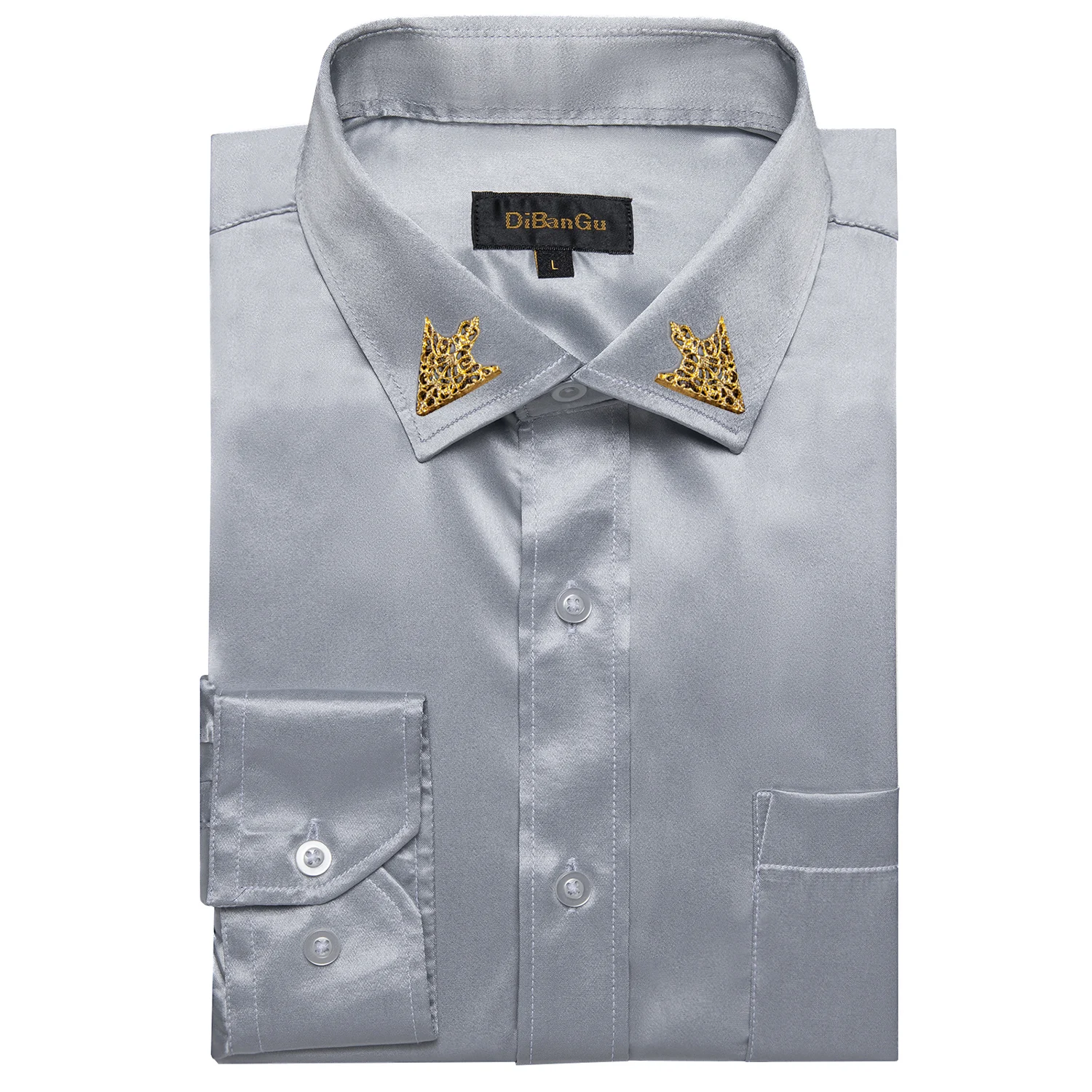 Shiny Solid Color Shirt for Men, Chest Pocket Long Sleeve Slim Fit Button Down with Collar Pin, Multi Colors