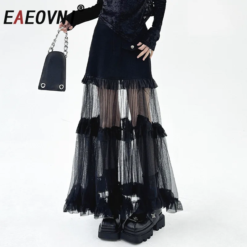 

EAEOVNI Модная джинсовая юбка с прозрачными вставками и пэчворком для женщин, с высокой талией, черная, свободного кроя, длинная, в уличном стиле, новинка 2026 года