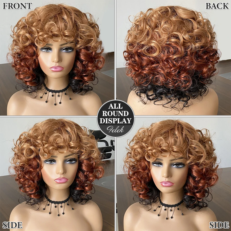 Peluca de Cosplay rosa sintética con flequillo para mujeres negras, pelo corto Afro rizado, pelucas resaltadas, Rubio degradado, azul, rojo, marrón