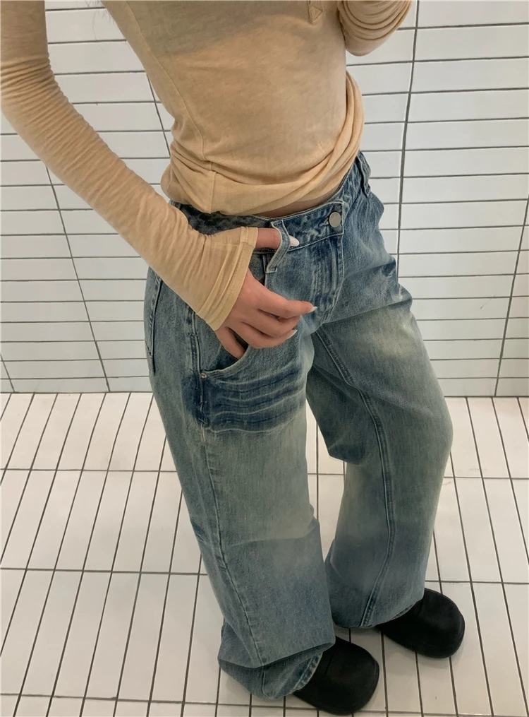 Benuynffy-Jean taille basse pour femme, jean décontracté, streetwear rétro américain, jean droit lavé, jambe large, fjk, Y2k