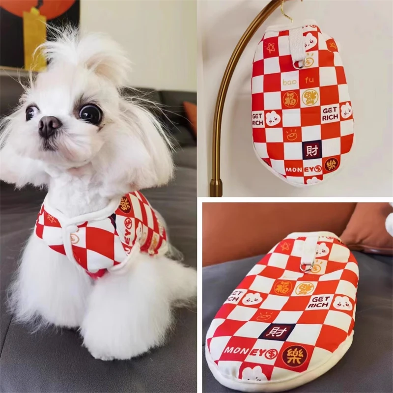 New Year Pet Dogs Sweatshirt Red Fu Best Wishes Unisex Lattice Maltese Down Jacket Keep Warm Small Medium Puppy Kitten Overalls