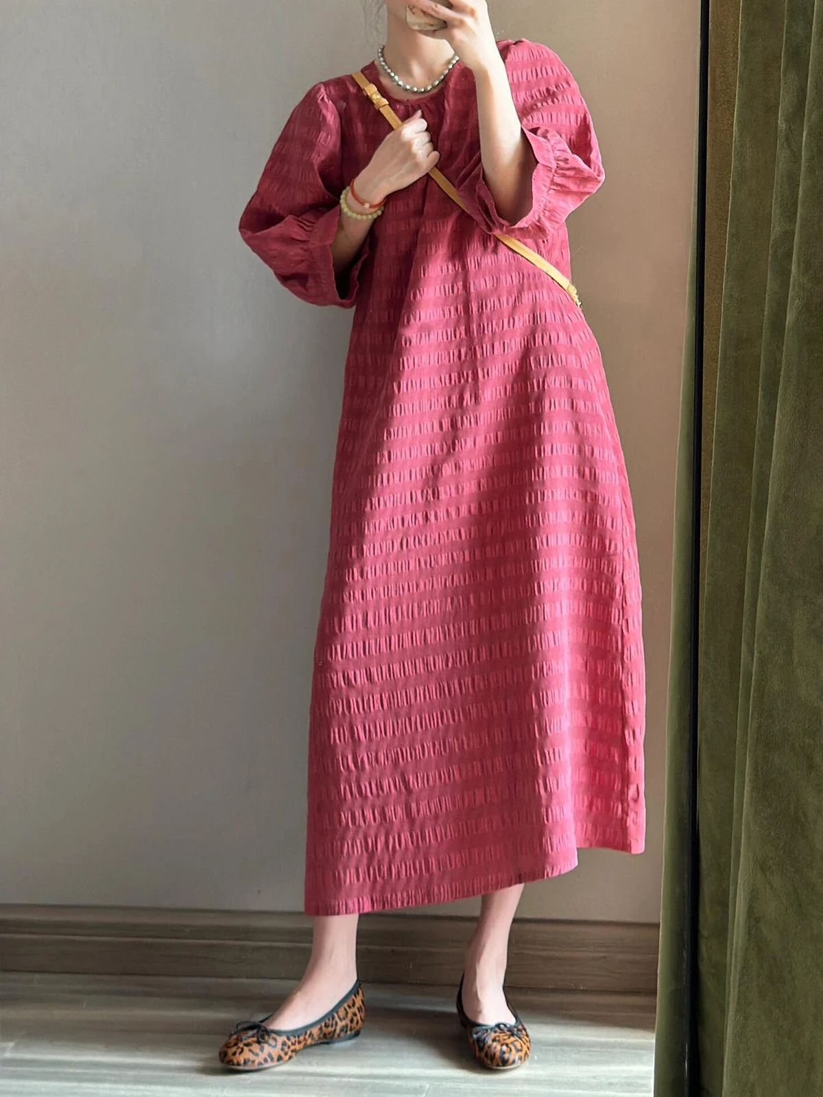 

DesiGar Textured Plaid Pink Dr A-Line Long Skirt round Ne Slimming Waist High Quali Casual Sle Spring Autumn Wear