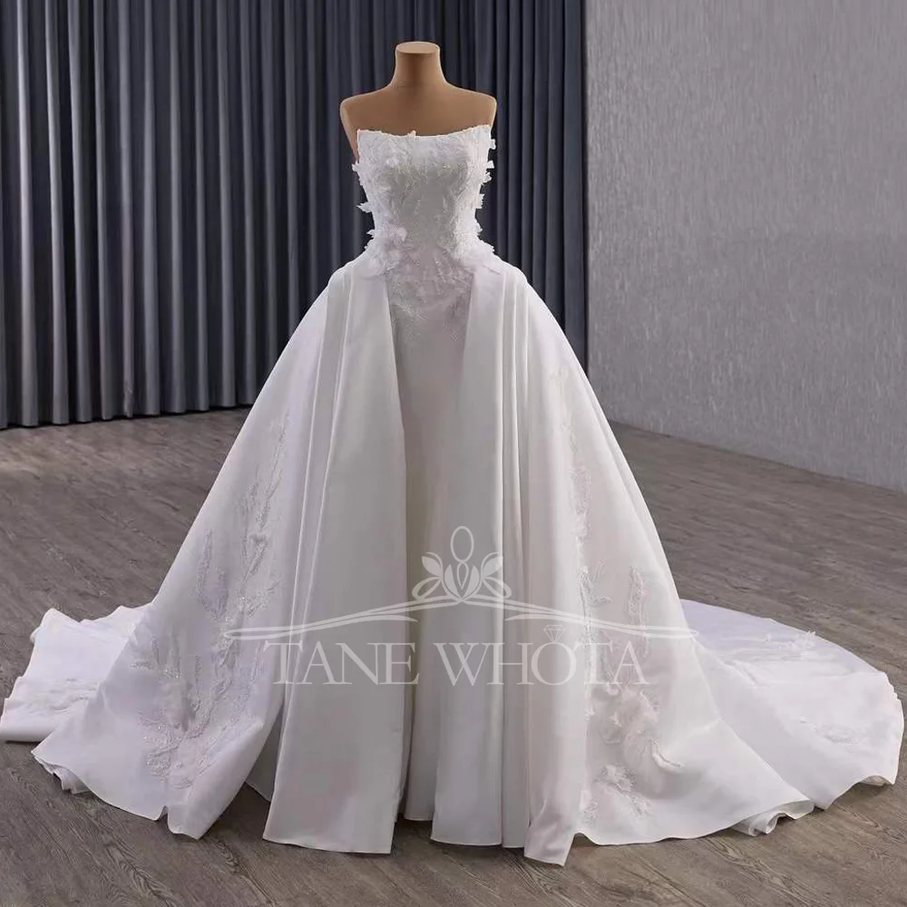 Vestido de casamento sem alças com renda nas costas vestidos de noiva com miçangas apliques de lantejoulas personalizáveis