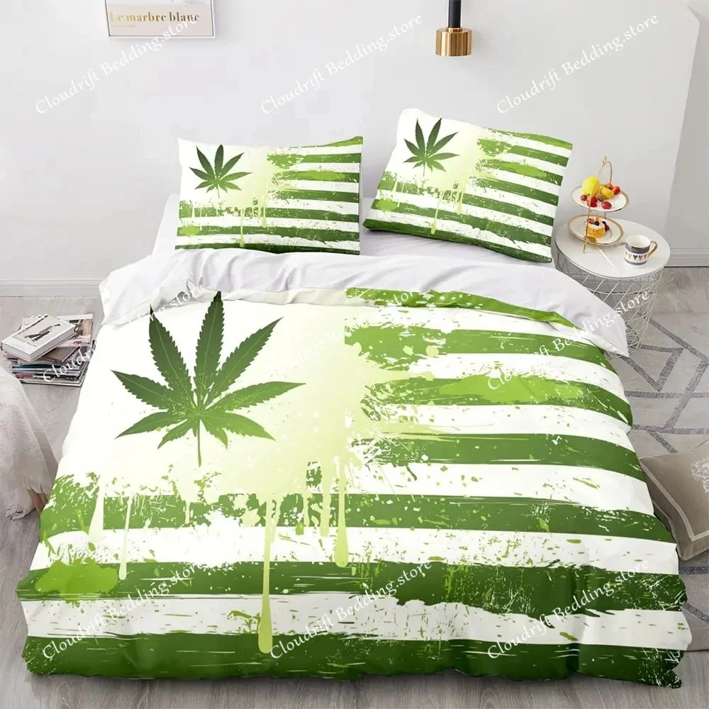 Marijuana Weed Leaf King Queen Duvet Cover Green Maple Leaves Bedding Set for Adults Palm Leaves Polyester Quilt Cover