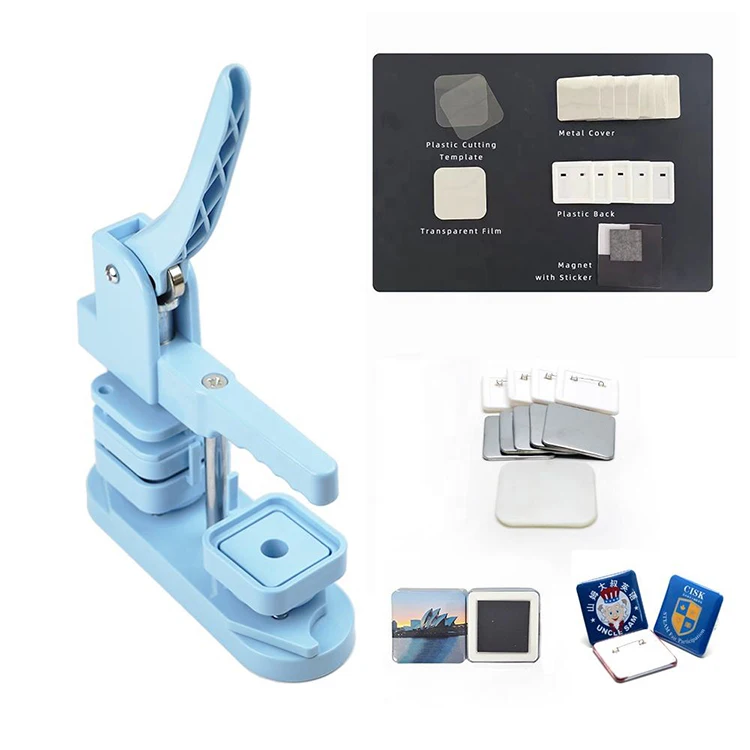 Blue 50mm Square Magnet Making Machine Plastic Machine Button Making Machine with 100 Sets of Refrigerator Sticker Materials