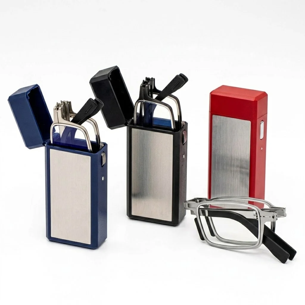 Klappbare Mini-Lesebrille für Männer und Frauen, leicht, tragbar, langlebig, Edelstahlrahmen, lässt sich in der Größe wie ein kleines Feuerzeug zusammenklappen