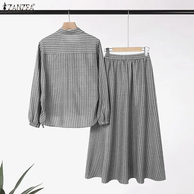 ZANZEA Muslim Islamic Women's Striped Skirt Suits Long Sleeve Shirt & A-Line Maxi Skirt 2 Pieces Sets Hijabs Woman 2pcs Outfits