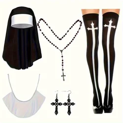 Nun Costume Accessory Set with Catholic Nun Costume Hat, Nun Collar, Cross Pendent Necklace, Cross Print Stockings