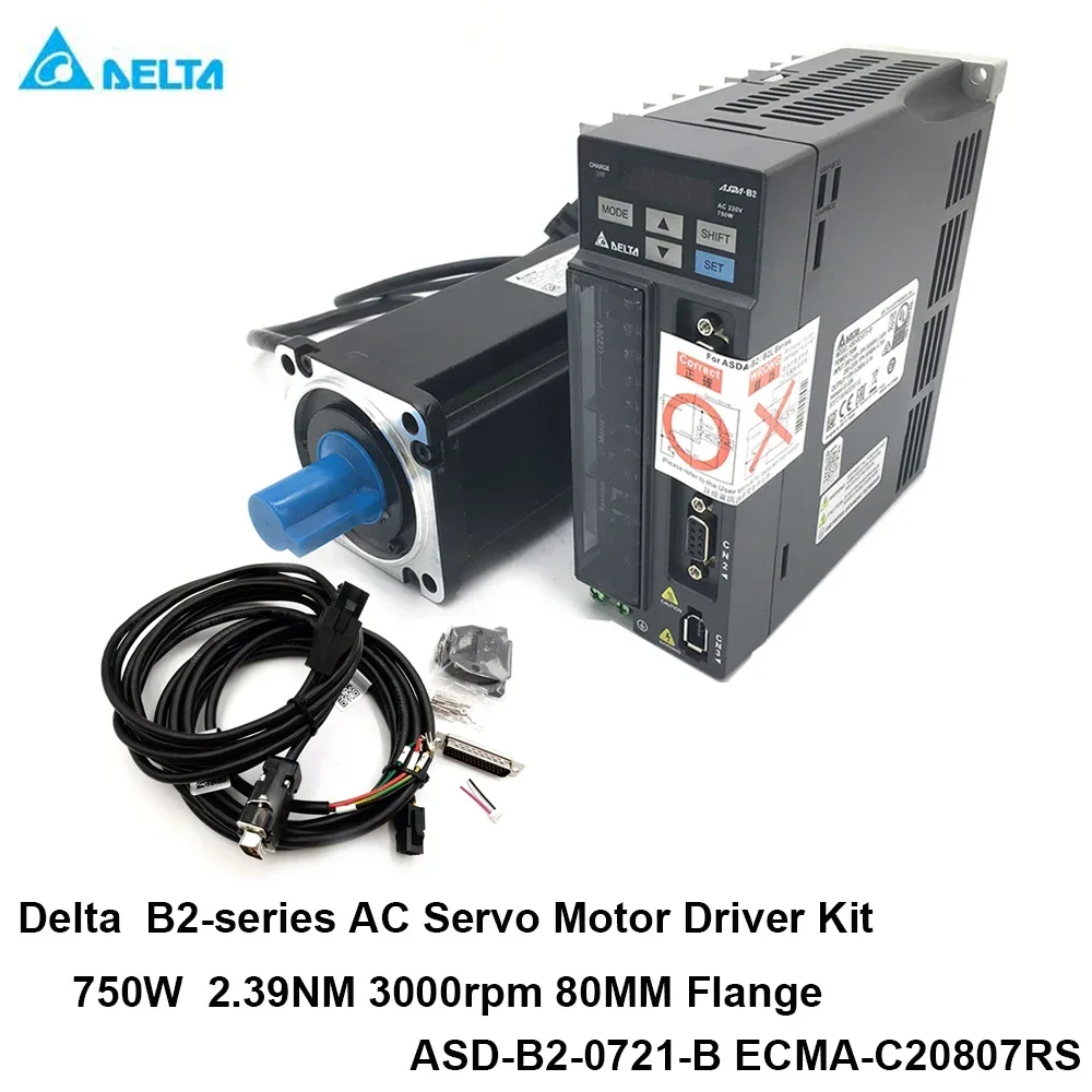 Jogo de Acionamento do Servo Motor Delta b2 750w 220vac 0.75kw Freio 2.39nm 3000rpm Asd-b20721-b Ecma-c20807rs Ecma-c20807ss