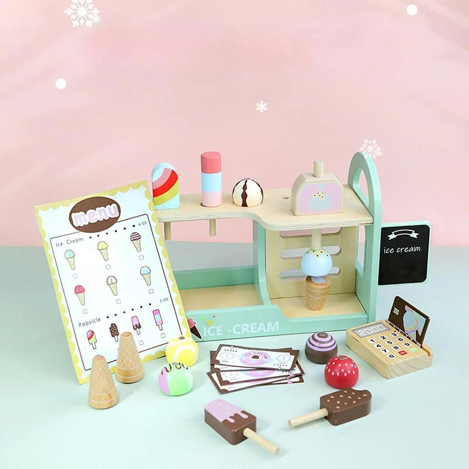 Wooden Ice Cream Counter Role Play Playset, Pretend Play Brinquedos, Conjunto de picolé para meninos e meninas, idades 3, 4, 5, 6 anos