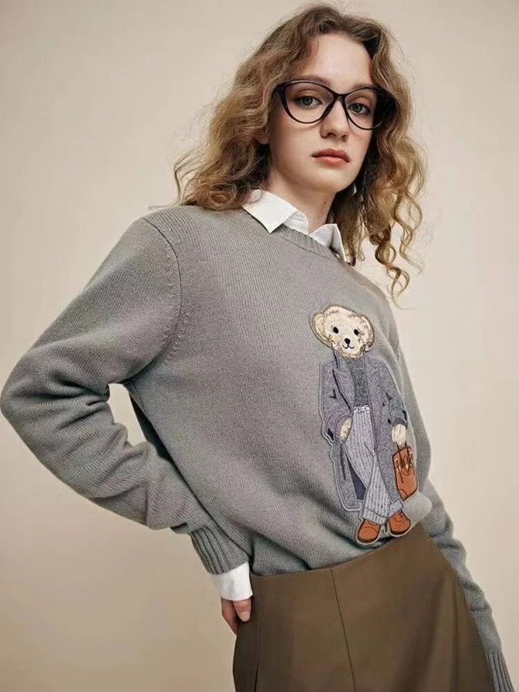 2024 nuevo jersey de cachemira de primavera para mujer suéter de oso Ralph elegante Casual suelto ajuste cuello redondo tejido Lauren Bear suéter de mujer