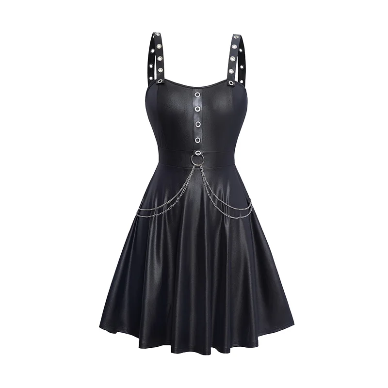 

Womens Gothic Dresses Solid Color Grommets O Ring Chain Decor Dress Sweetheart Neck Sleeveless Tank Dress Black Dresses Sundress