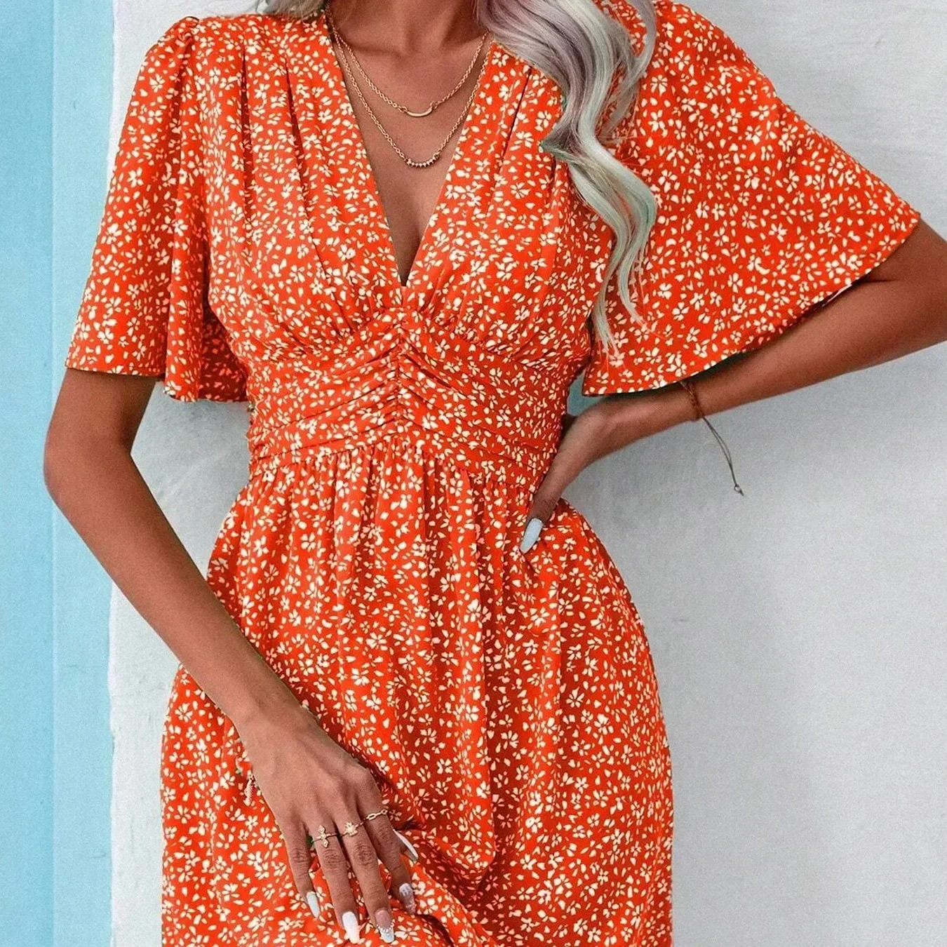 2025 New Summer Short Sleeve Dresses for Women V-Neck Print Women Dress A-LINE Short Dress Women Vestidos De Verano Mujer Q63