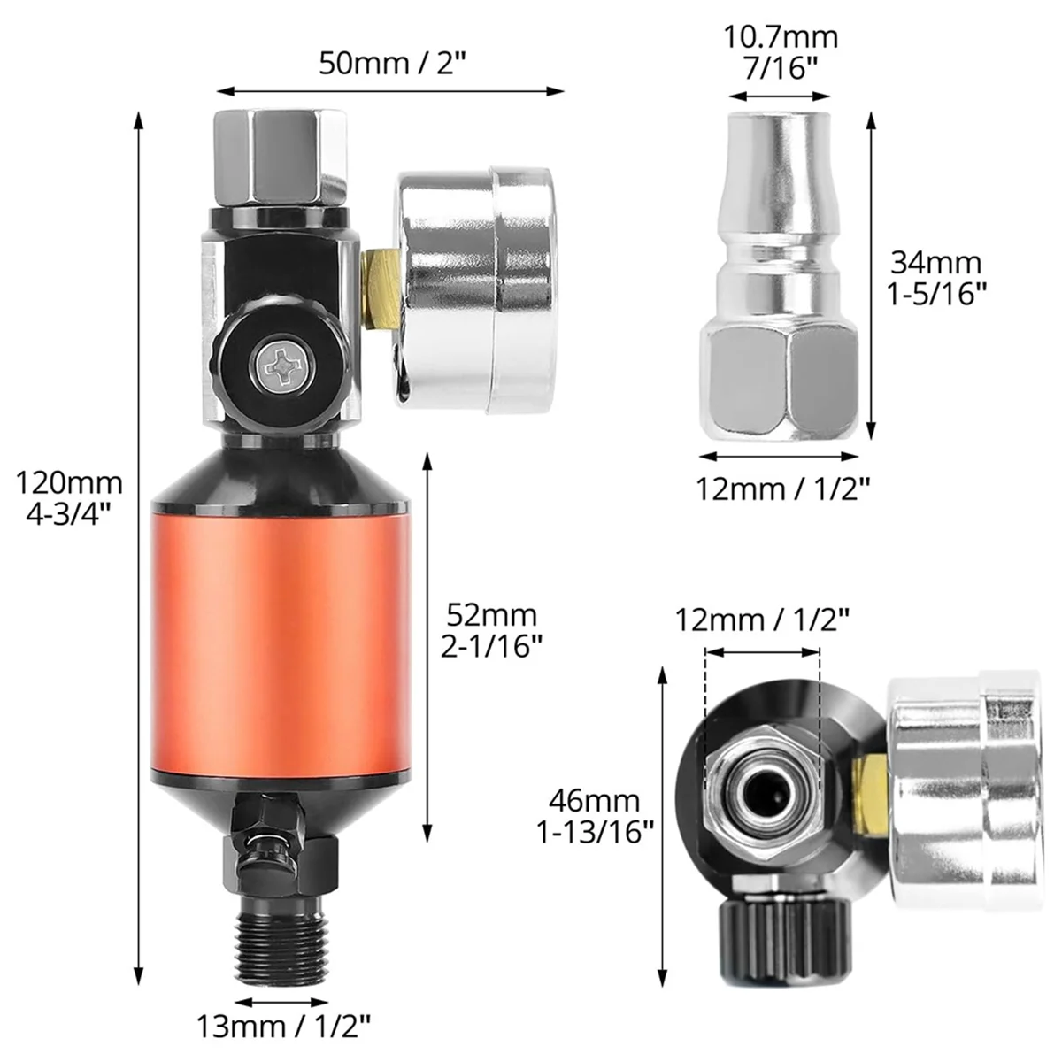 

A002 Air Compressor Regulator & Water Separator with 140 PSI Gauge - 1 -Filter, 1/4inch NPT, Push Button Drain Valve