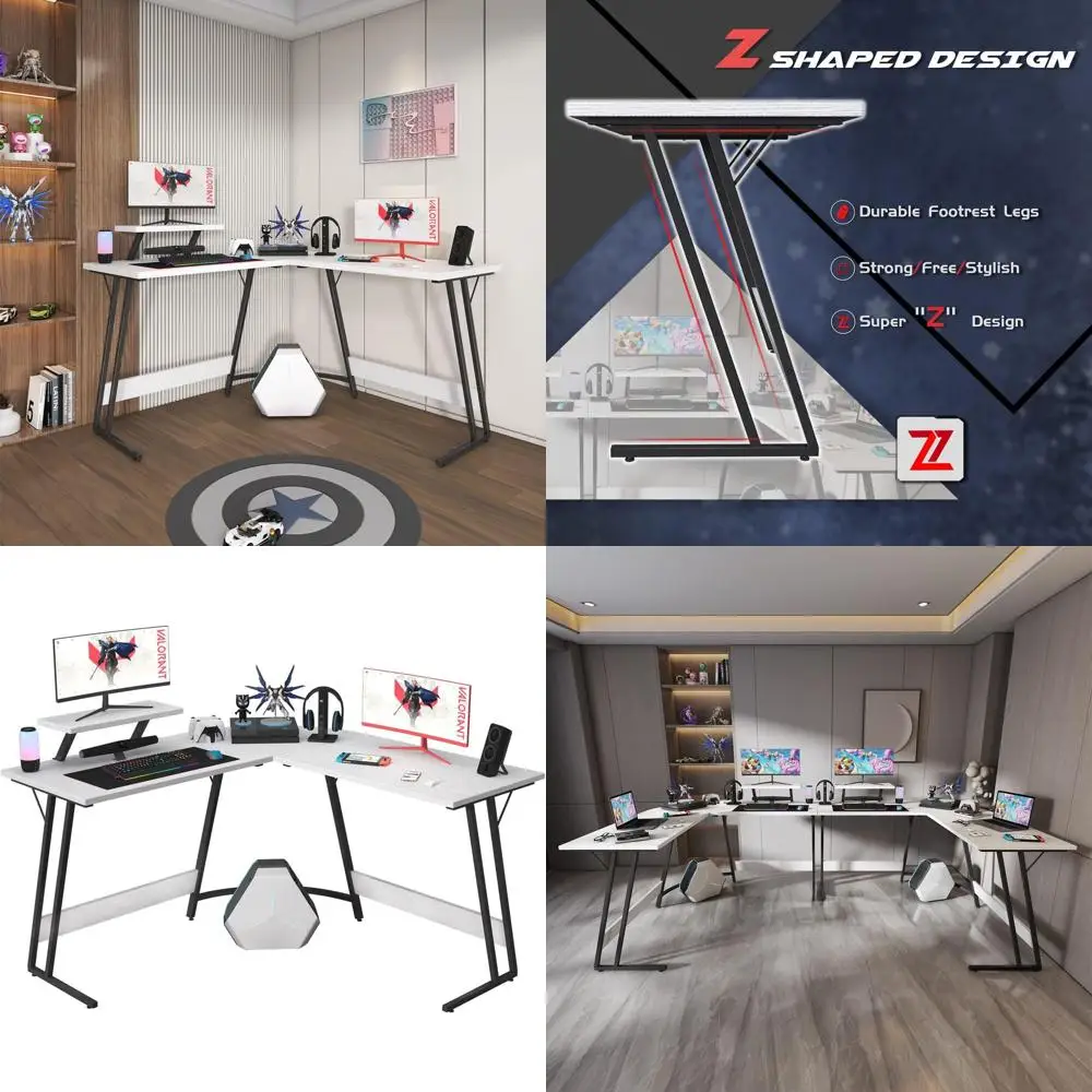 

51 White L-Shaped Gaming Desk with Large Monitor Stand, Sturdy for PC Gaming and Home Office Use