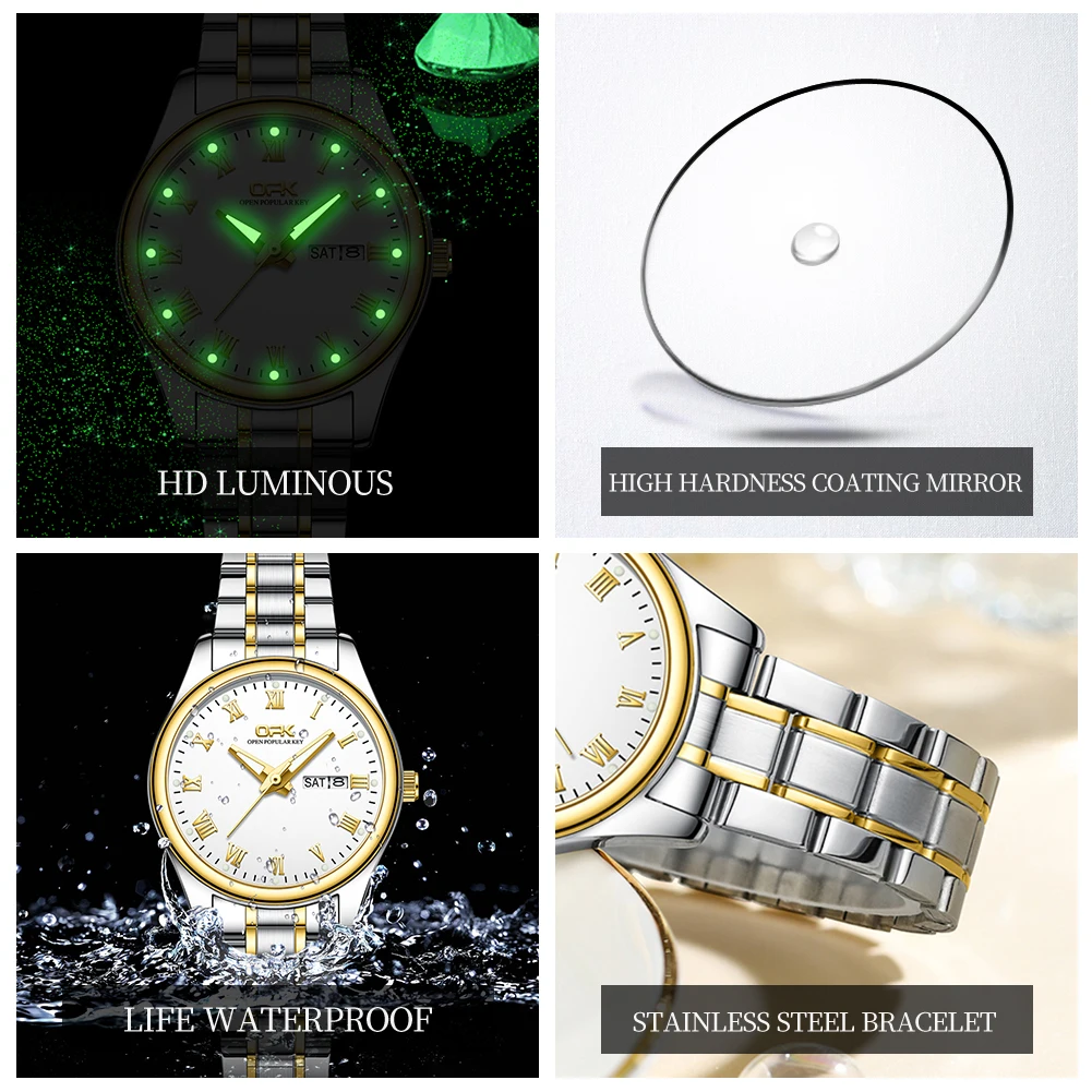 OPK dameshorloge Luxe mode roestvrijstalen quartz horloge Datum Waterdicht Lichtgevend damespolshorloge