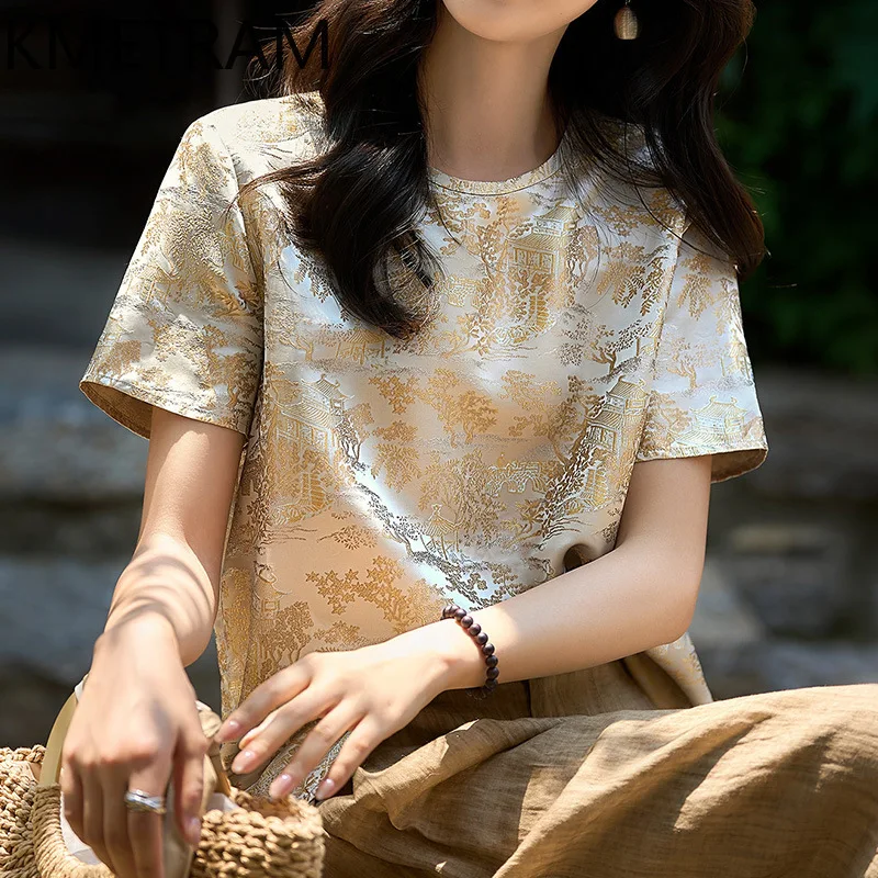 KMETRAM 28% Mulberry Silk Women T Shirts New Chinese Style Summer Tops Real Silk Blended Jacquard T Shirt 2026 Woman Clothes топ