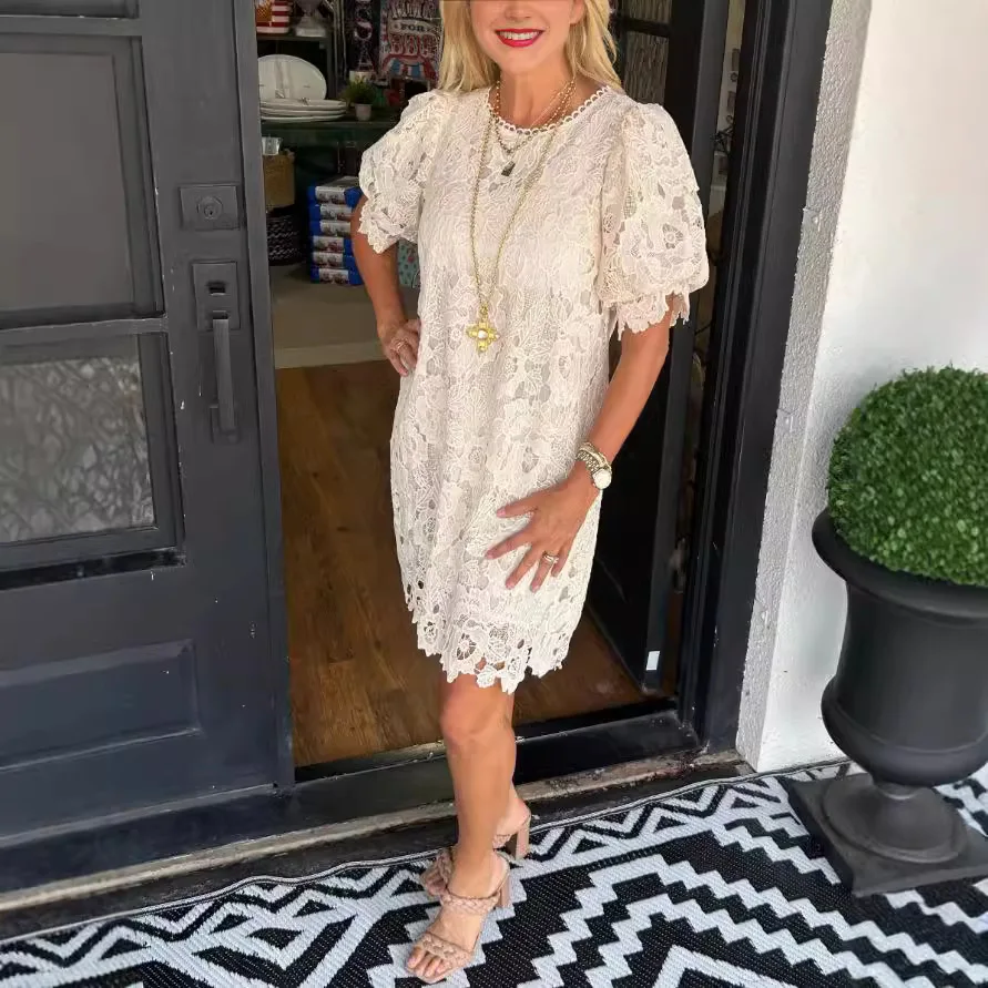 

Women's Flower Lace Puff Sleeve Dress Pullover Party Clothes Solid Color Lace Short Sleeve Vest Sexy Loose Knee Casual Dress