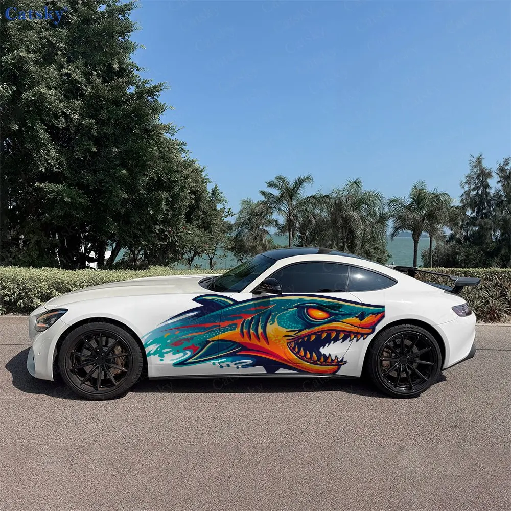 2pcs Fierce Shark, Durable, Fade-resistant, Enhance Vehicle Aesthetics With Bold Artistic Design Car Vinyl Wraps