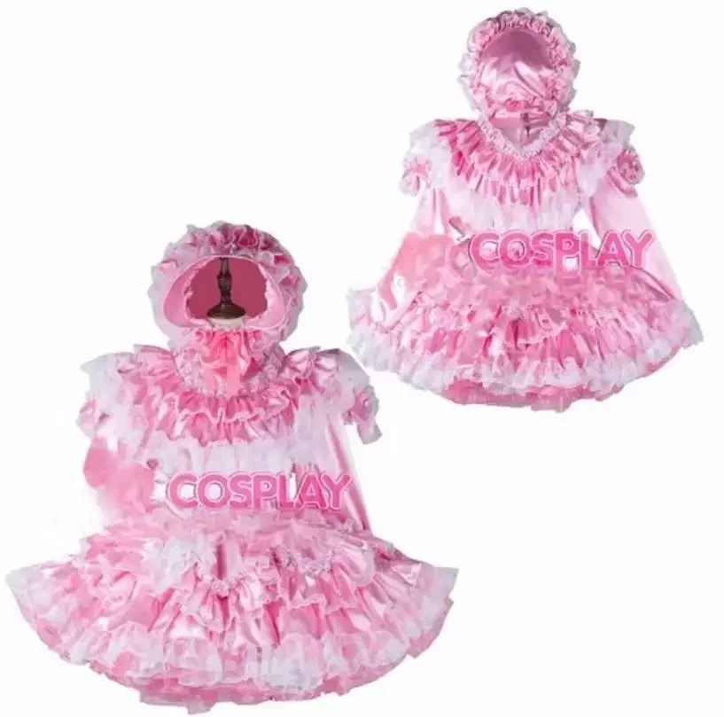 

Sissy Cosplay Costume Festive Dress Pink Satin Lockable Lace Maid Custom Available In A Variety Of Colors