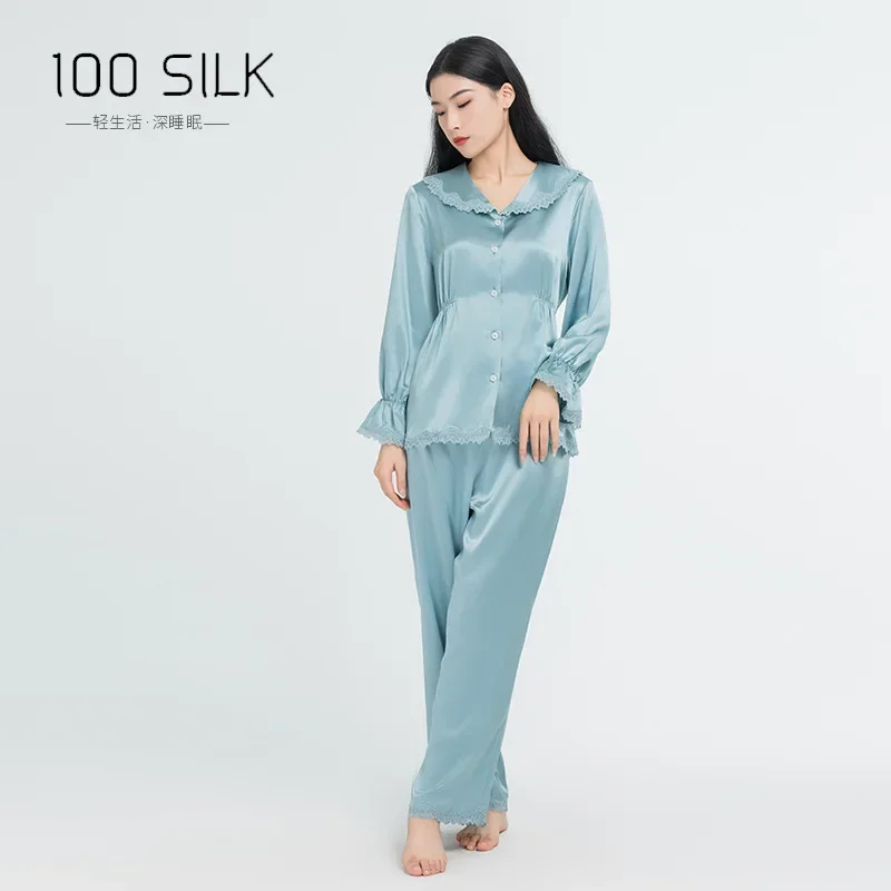 

Lace Trim 22MM 100% Silk Pajamas Casual Sleepwear Long Sleeves Cardigan and Trousers Pijama Two Piece Nightwear Chemise pajama