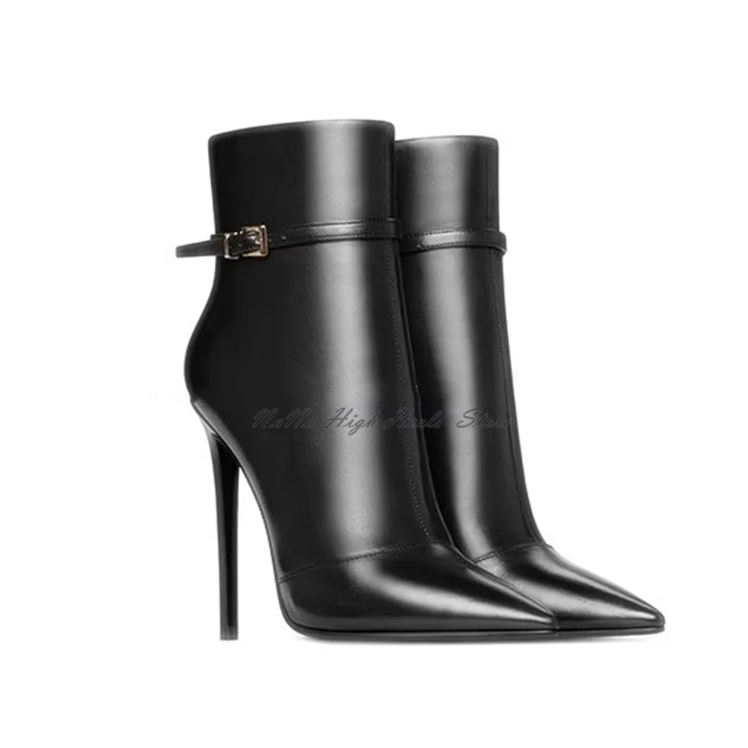 

Pointed Toe Leather Luxury Buckle Ankle Boots Design Women Stiletto High Heel Spring Boots Zipper Fashion Lady Shoes
