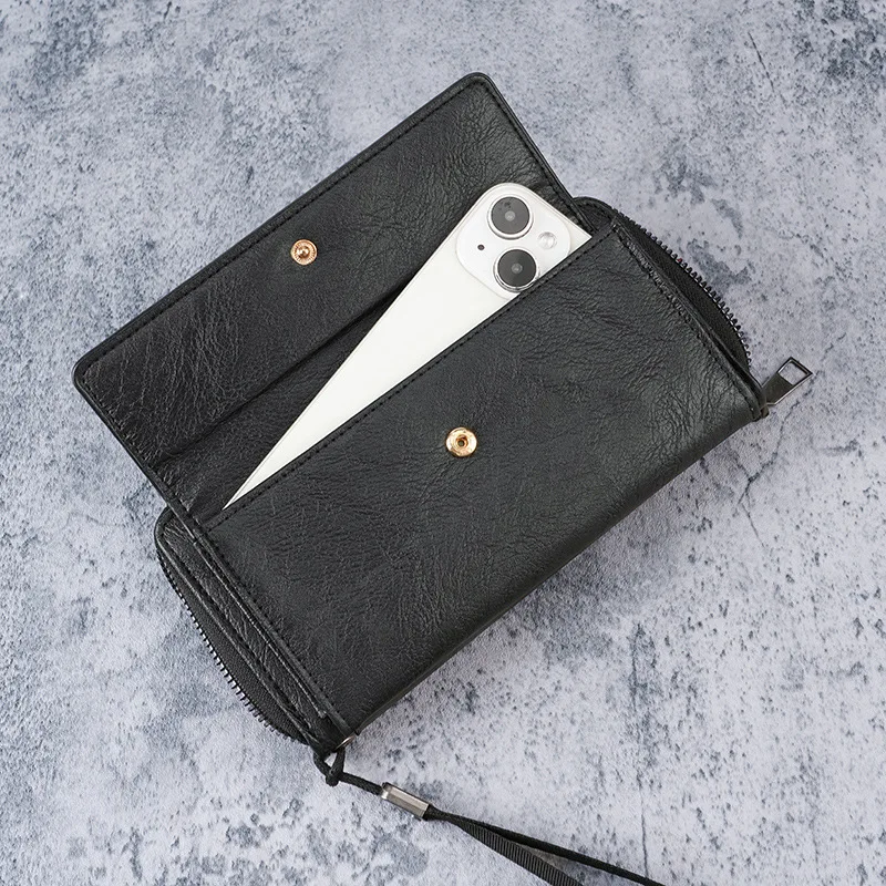 Bolso de mano de cuero con cremallera para hombre, cartera larga de gran capacidad, bolso para teléfono, tarjetero múltiple, monedero de doble capa