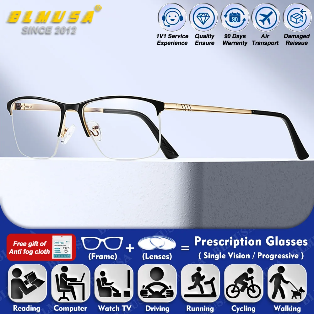 

BLMUSA (L) Currents Square Metal Men Myopia Computer Prescription Glasses Anti Blue Ray Progressive Prescription Optical Eyeware